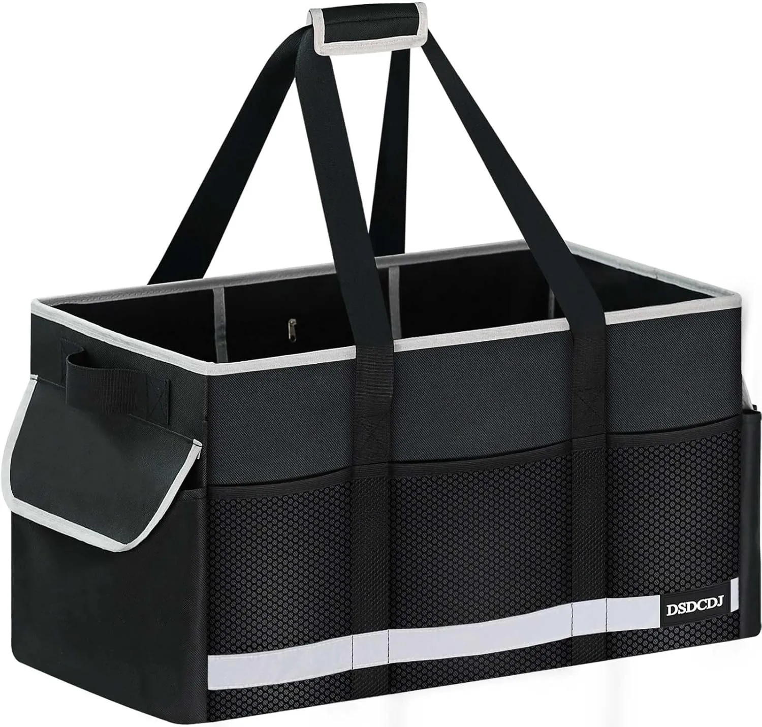 Upgrade Extra Large Utility Tote Bag with Reflective Strip, Standing Reusable Grocery Bags with Hard Bottom, Collapsible Utility Tote with Handles for Shopping, Beach, Picnics, Car, Black