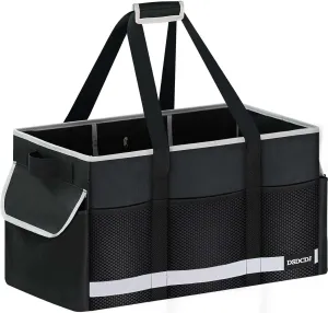 Upgrade Extra Large Utility Tote Bag with Reflective Strip, Standing Reusable Grocery Bags with Hard Bottom, Collapsible Utility Tote with Handles for Shopping, Beach, Picnics, Car, Black
