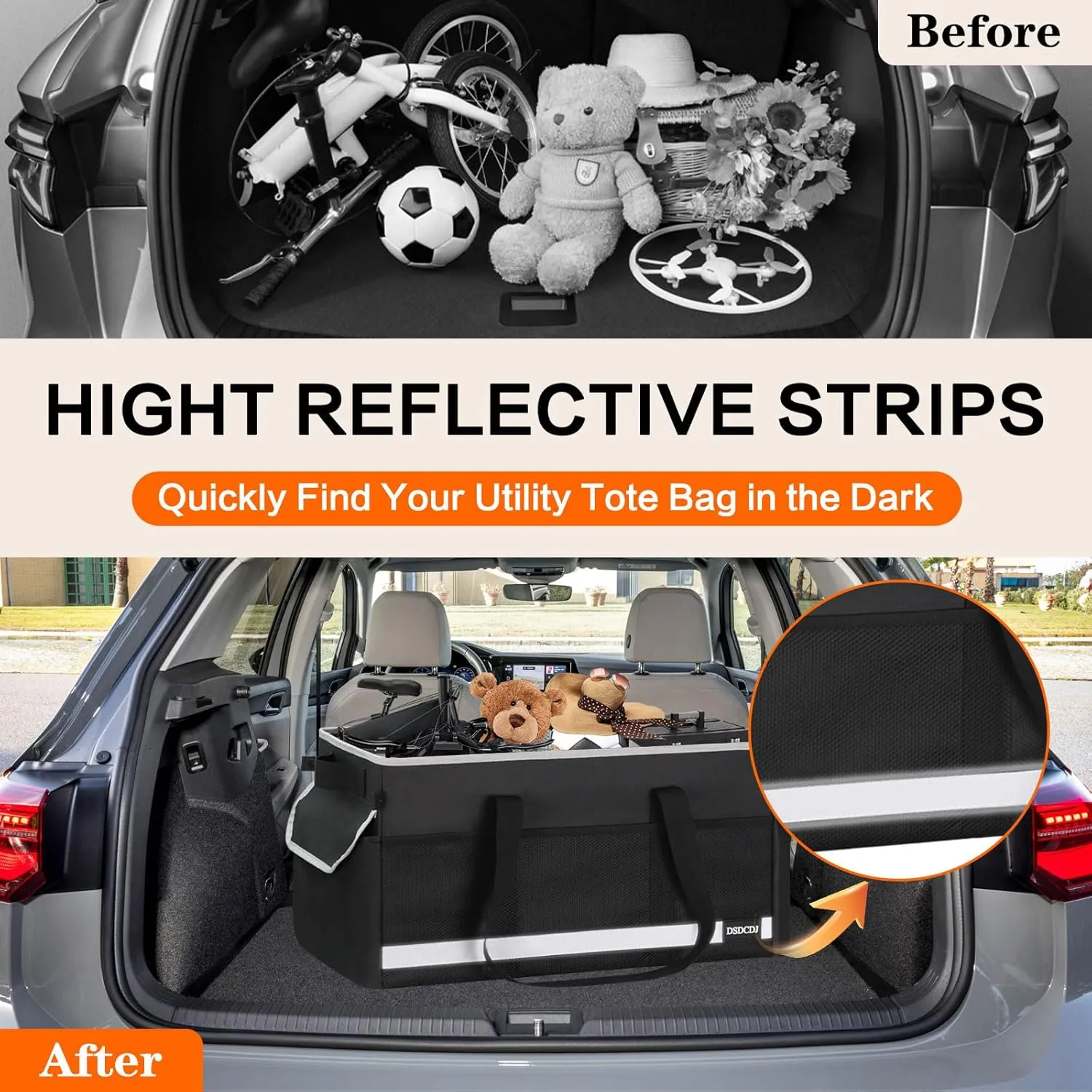 Upgrade Extra Large Utility Tote Bag with Reflective Strip, Standing Reusable Grocery Bags with Hard Bottom, Collapsible Utility Tote with Handles for Shopping, Beach, Picnics, Car, Black