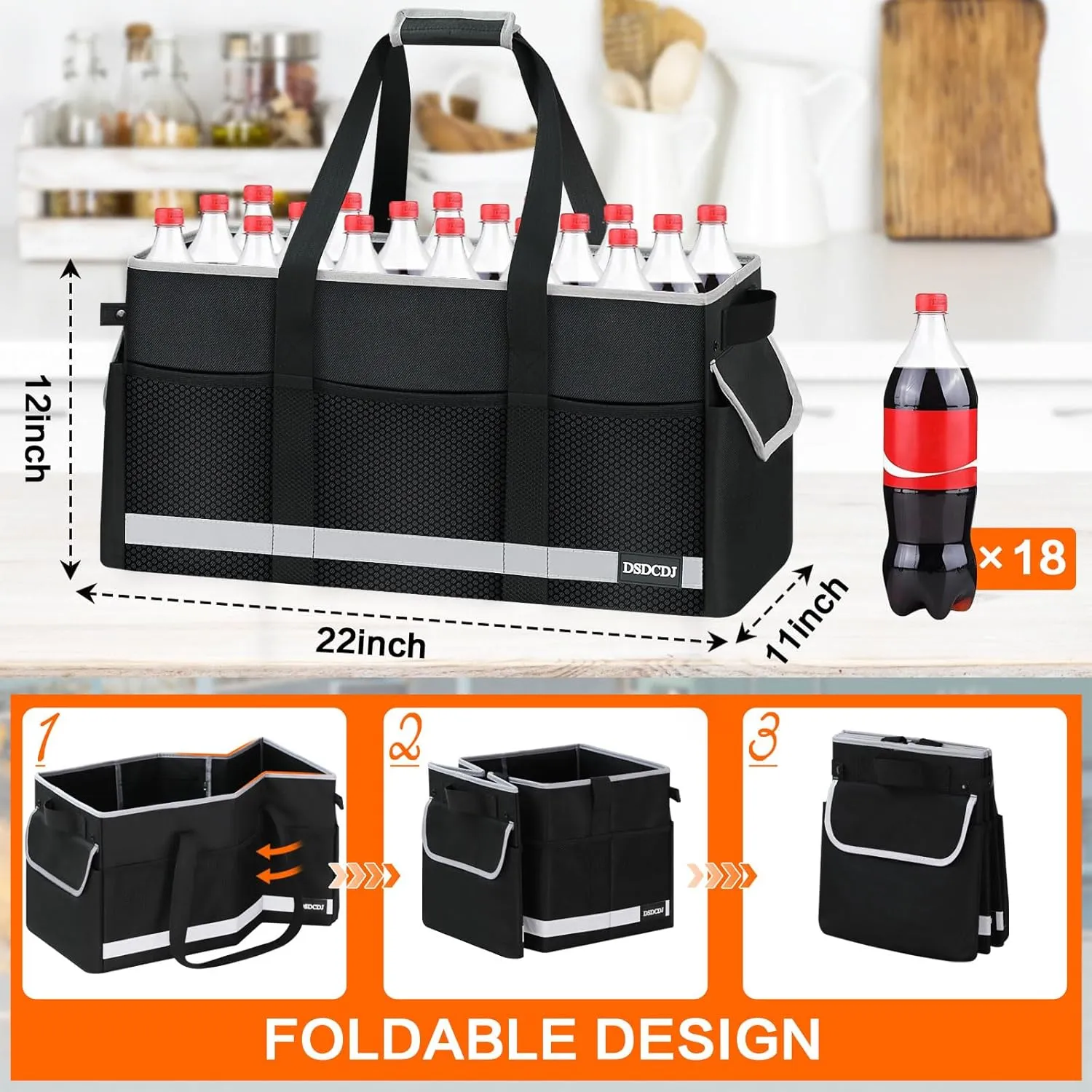 Upgrade Extra Large Utility Tote Bag with Reflective Strip, Standing Reusable Grocery Bags with Hard Bottom, Collapsible Utility Tote with Handles for Shopping, Beach, Picnics, Car, Black