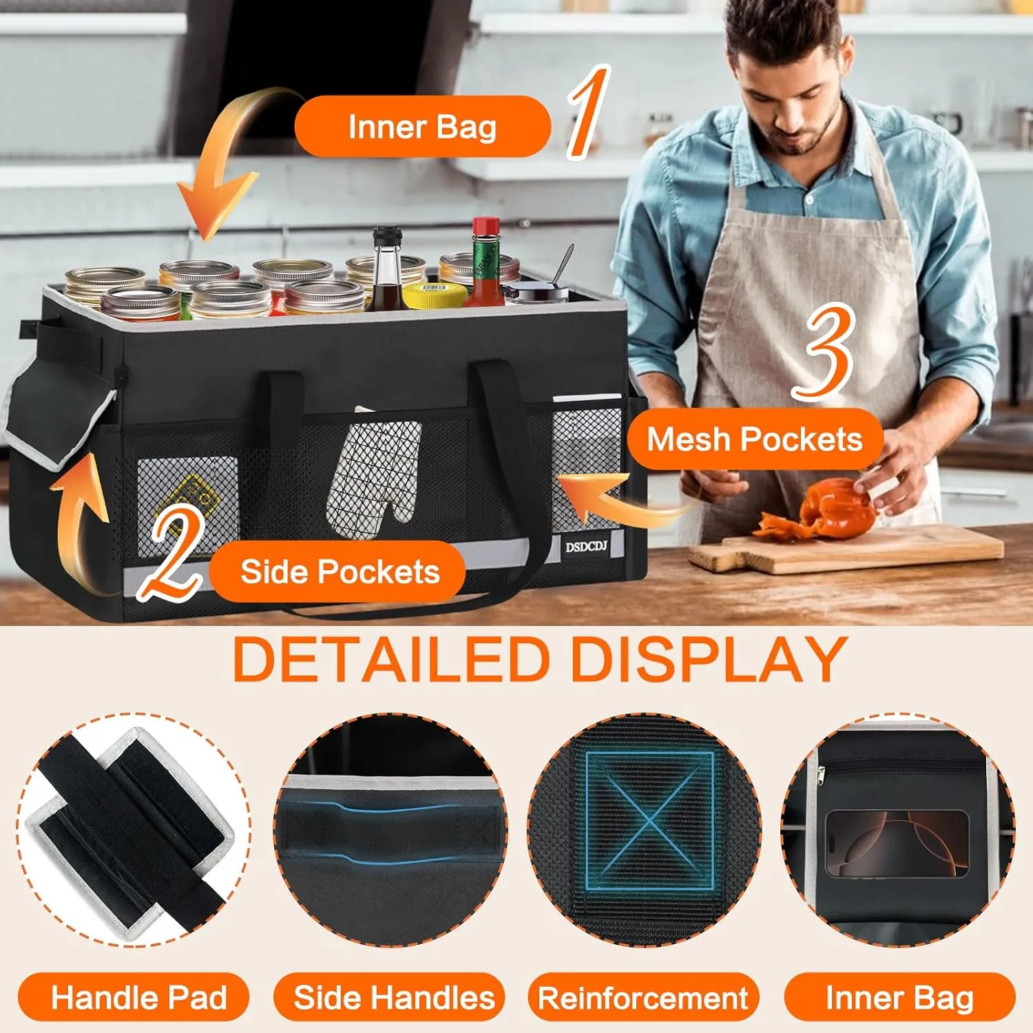 Upgrade Extra Large Utility Tote Bag with Reflective Strip, Standing Reusable Grocery Bags with Hard Bottom, Collapsible Utility Tote with Handles for Shopping, Beach, Picnics, Car, Black