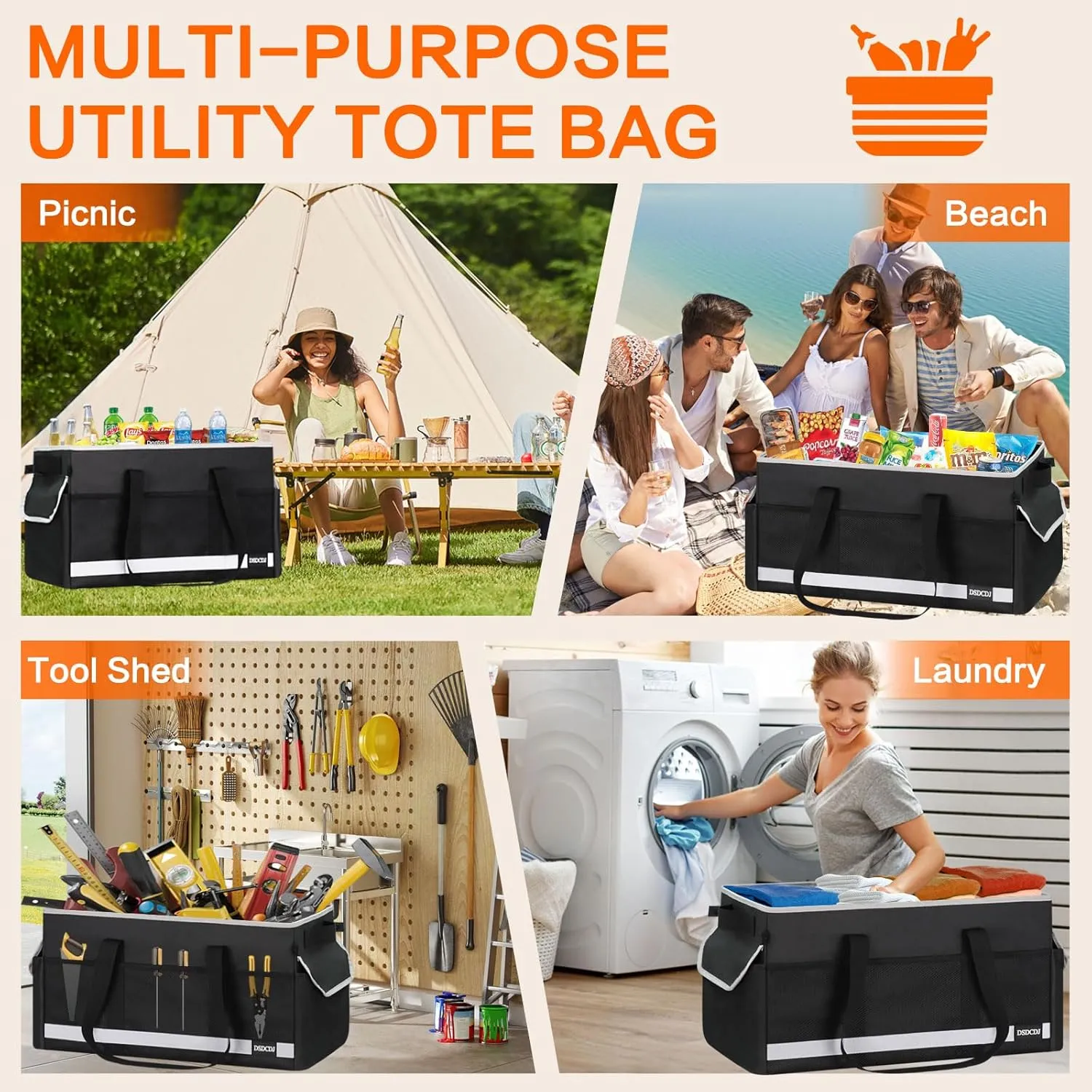 Upgrade Extra Large Utility Tote Bag with Reflective Strip, Standing Reusable Grocery Bags with Hard Bottom, Collapsible Utility Tote with Handles for Shopping, Beach, Picnics, Car, Black