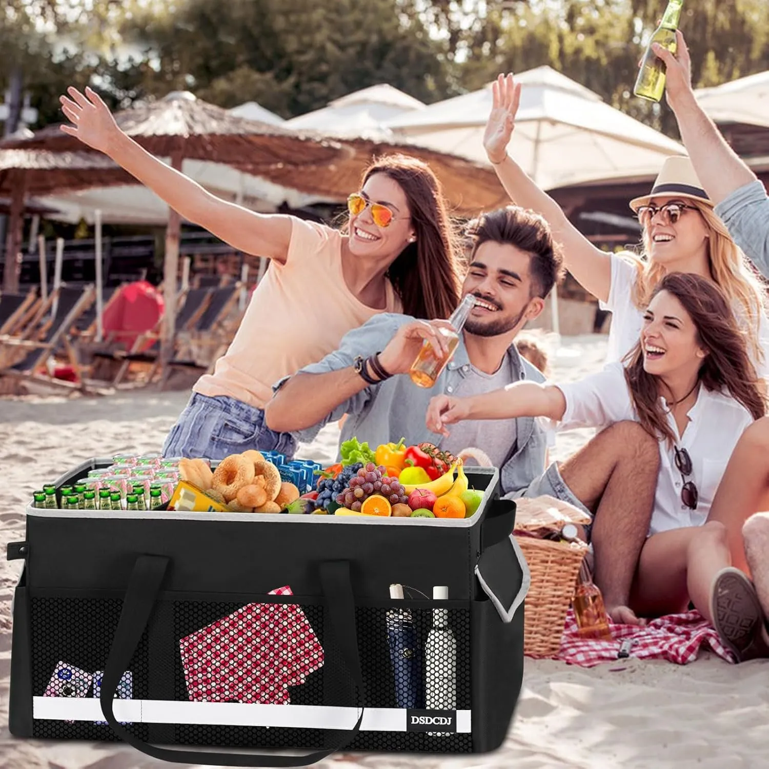 Upgrade Extra Large Utility Tote Bag with Reflective Strip, Standing Reusable Grocery Bags with Hard Bottom, Collapsible Utility Tote with Handles for Shopping, Beach, Picnics, Car, Black