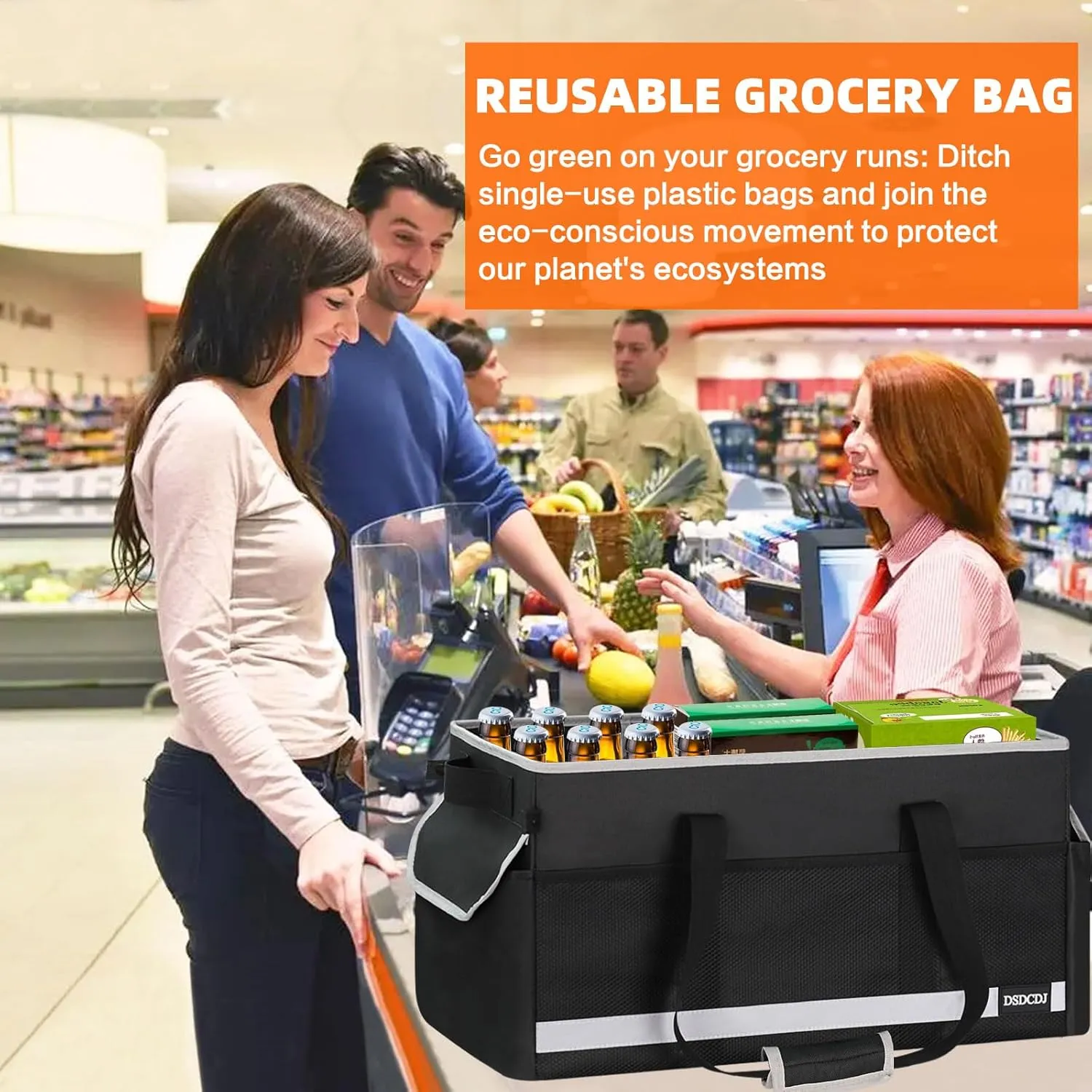 Upgrade Extra Large Utility Tote Bag with Reflective Strip, Standing Reusable Grocery Bags with Hard Bottom, Collapsible Utility Tote with Handles for Shopping, Beach, Picnics, Car, Black