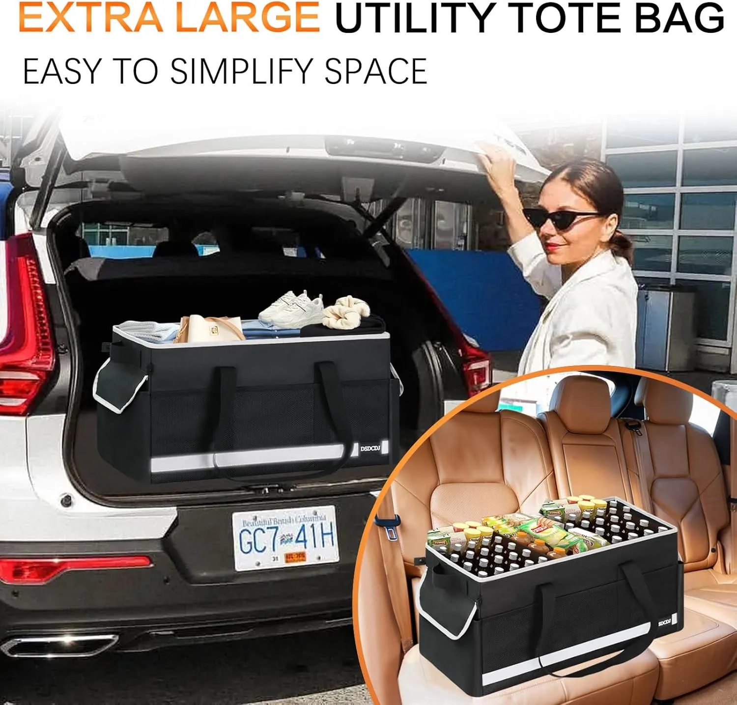 Upgrade Extra Large Utility Tote Bag with Reflective Strip, Standing Reusable Grocery Bags with Hard Bottom, Collapsible Utility Tote with Handles for Shopping, Beach, Picnics, Car, Black