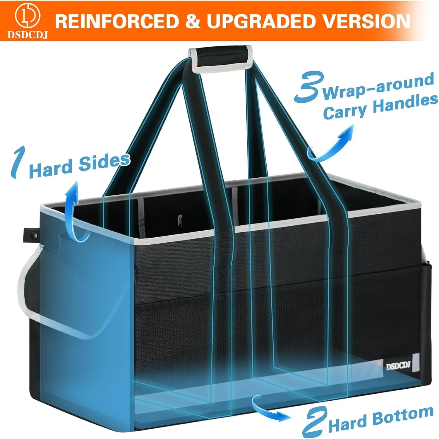 Upgrade Extra Large Utility Tote Bag with Reflective Strip, Standing Reusable Grocery Bags with Hard Bottom, Collapsible Utility Tote with Handles for Shopping, Beach, Picnics, Car, Black