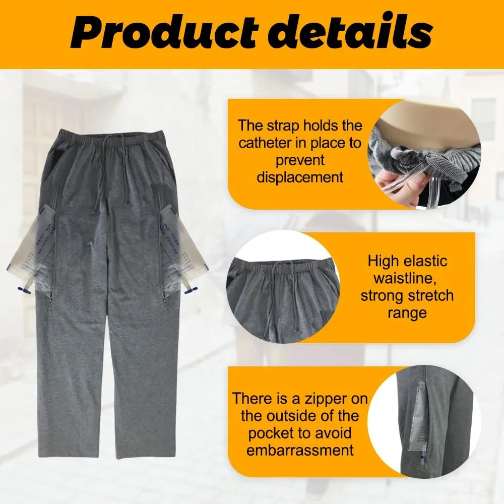 Urine Bag Pants for Elderly/Men/Women, Incontinence Care Trousers, Catheter Leg Bag Pants with 2 Hidden Pockets, XL