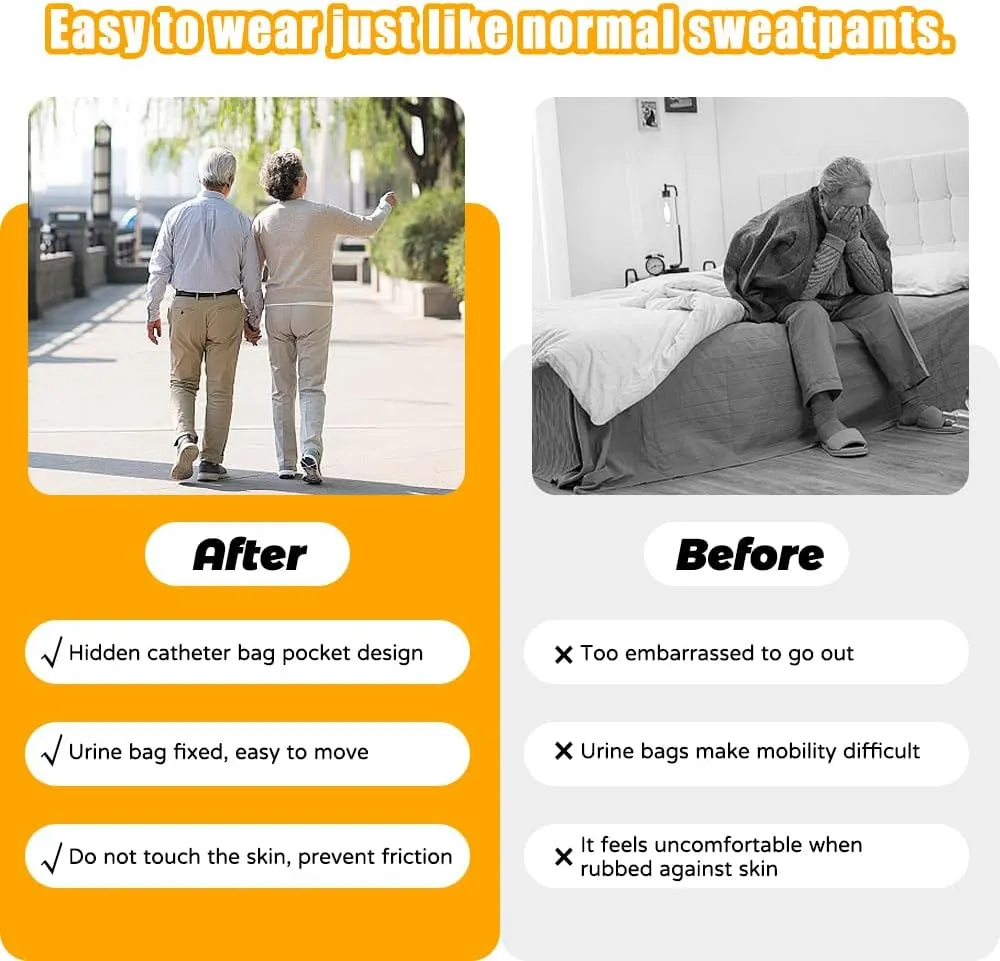 Urine Bag Pants for Elderly/Men/Women, Incontinence Care Trousers, Catheter Leg Bag Pants with 2 Hidden Pockets, XL