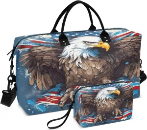 Usa Flag Hawks Sports Gym Bag for Women Men Travel Duffel Bag Weekend Overnight Carry on Bag with Toiletry Bag Air Travel Bag for Plane Hospital Swimming Yoga Workout