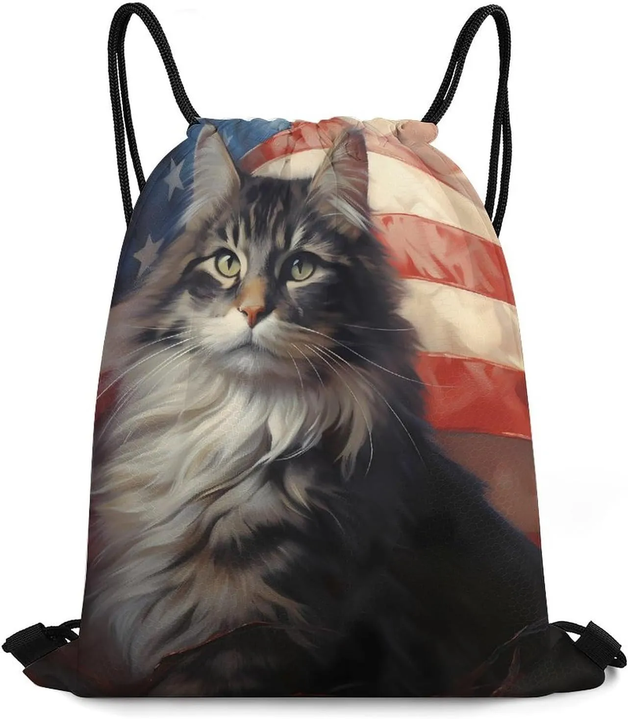 USA Flag White Tabby Norwegian Forest Cat Drawstring Backpack Lightweight String Bag Sports Gym Bag Sackpack for Men Women