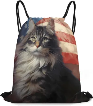 USA Flag White Tabby Norwegian Forest Cat Drawstring Backpack Lightweight String Bag Sports Gym Bag Sackpack for Men Women