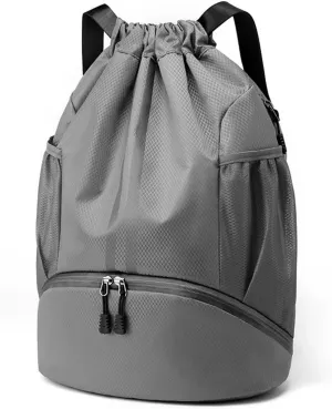 Valleycomfy Sports Drawstring Backpack - Water Resistant String Bag with Side Mesh Pockets Shoe Compartment Gym Backpack for Women & Men Dark Grey