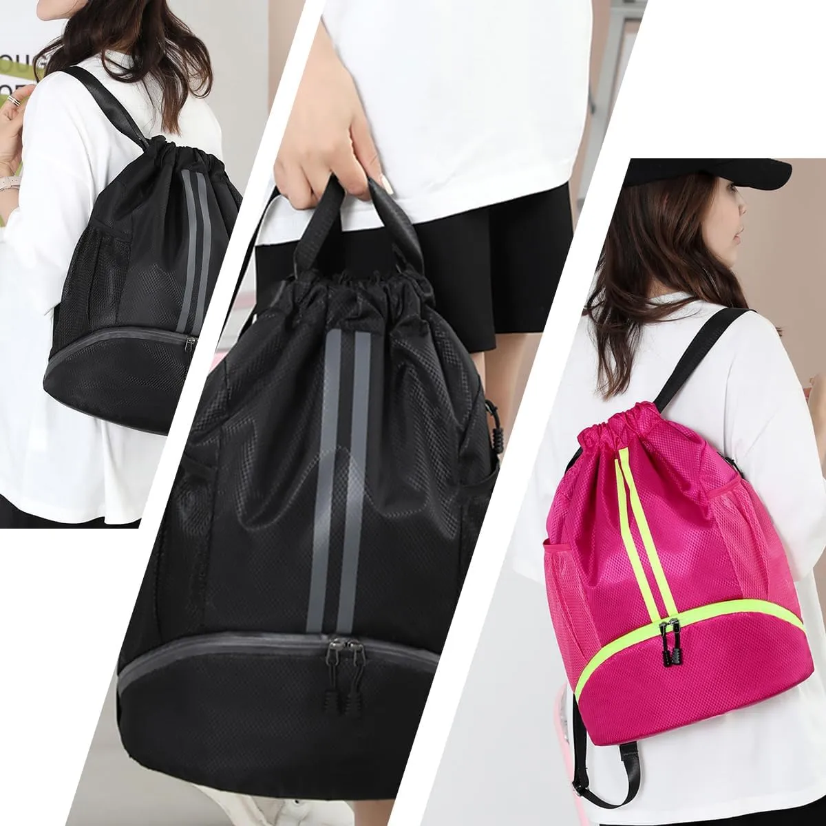 Valleycomfy Sports Drawstring Backpack - Water Resistant String Bag with Side Mesh Pockets Shoe Compartment Gym Backpack for Women & Men Dark Grey