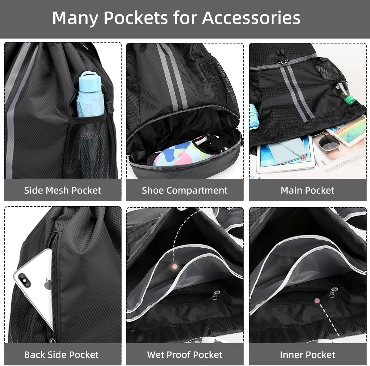 Valleycomfy Sports Drawstring Backpack - Water Resistant String Bag with Side Mesh Pockets Shoe Compartment Gym Backpack for Women & Men Dark Grey