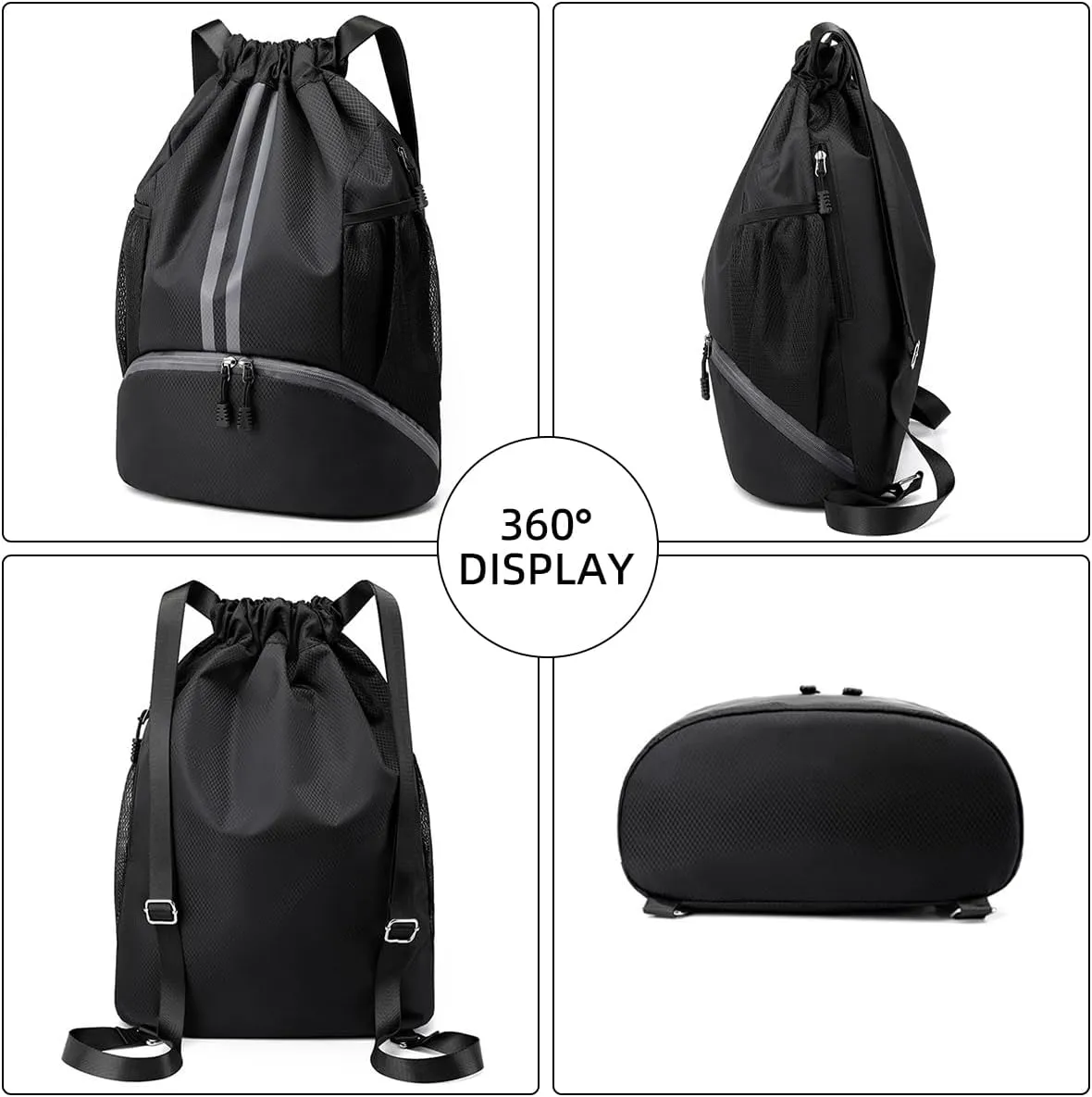 Valleycomfy Sports Drawstring Backpack - Water Resistant String Bag with Side Mesh Pockets Shoe Compartment Gym Backpack for Women & Men Dark Grey