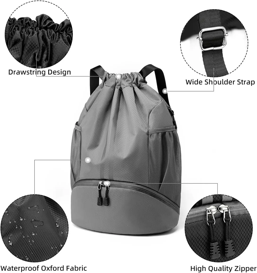Valleycomfy Sports Drawstring Backpack - Water Resistant String Bag with Side Mesh Pockets Shoe Compartment Gym Backpack for Women & Men Dark Grey