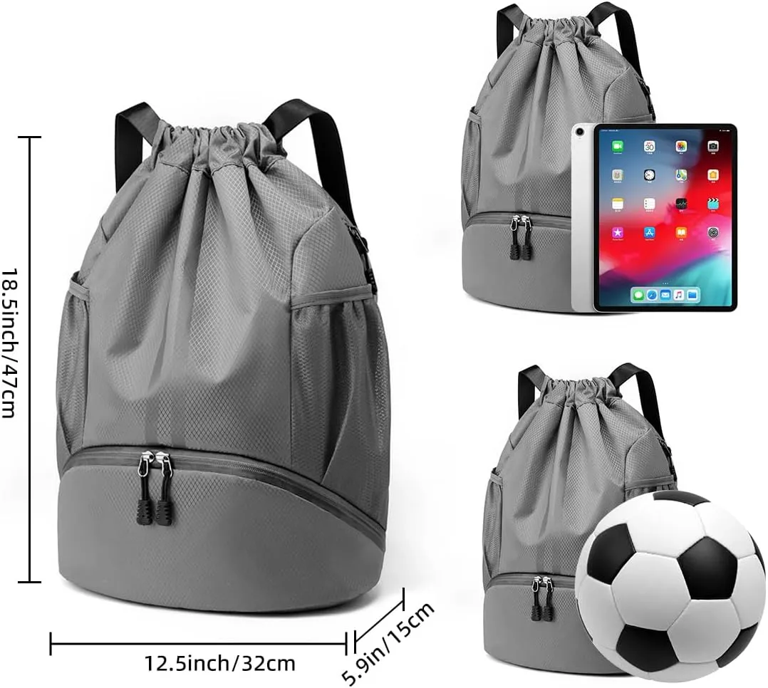 Valleycomfy Sports Drawstring Backpack - Water Resistant String Bag with Side Mesh Pockets Shoe Compartment Gym Backpack for Women & Men Dark Grey