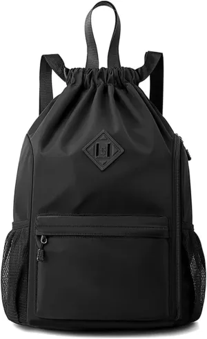 Valleycomfy Waterproof Drawstring Gym Backpack Bag for Men & Women,Sports Gym Bag with Side Pocket Black