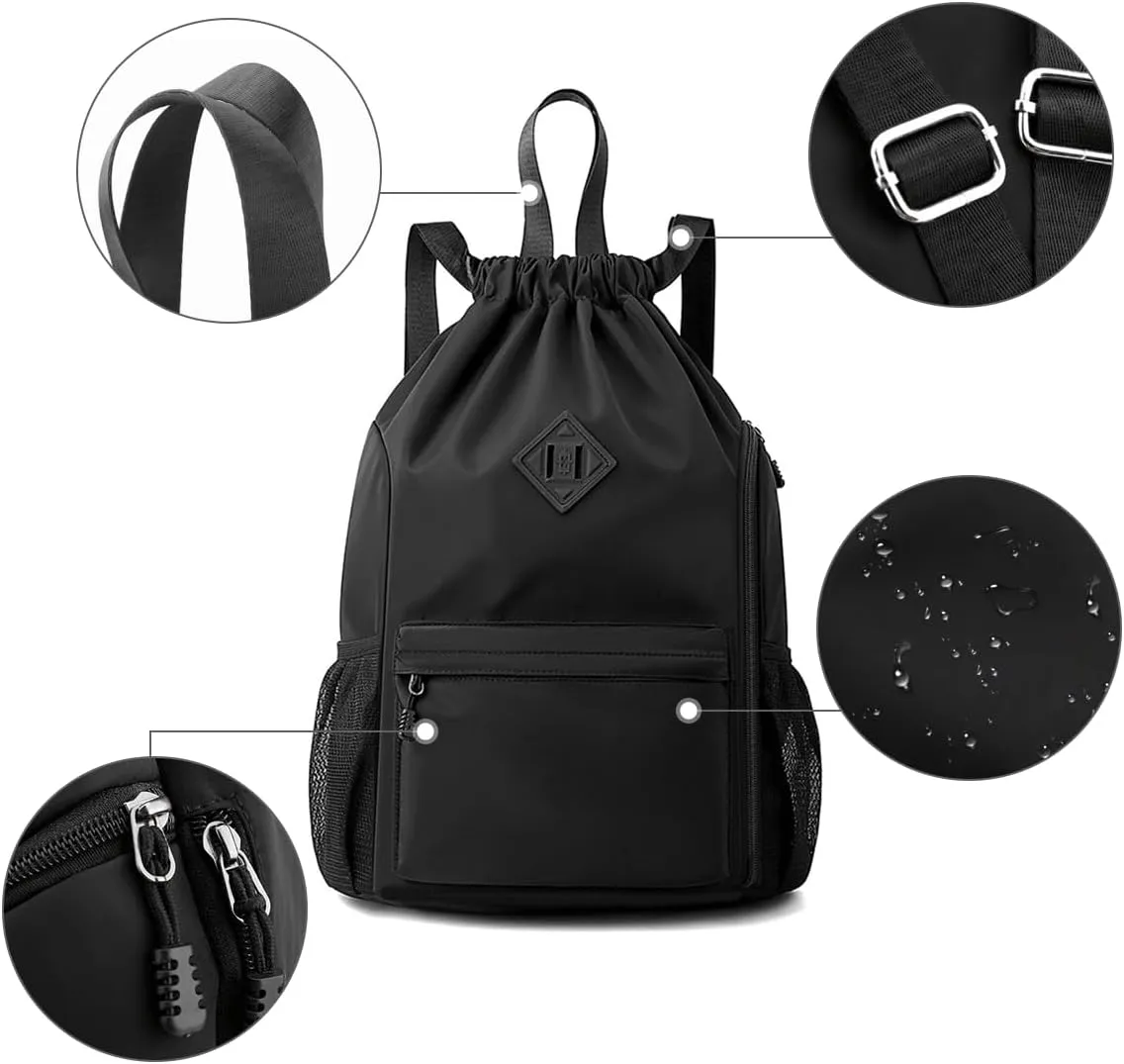 Valleycomfy Waterproof Drawstring Gym Backpack Bag for Men & Women,Sports Gym Bag with Side Pocket Black
