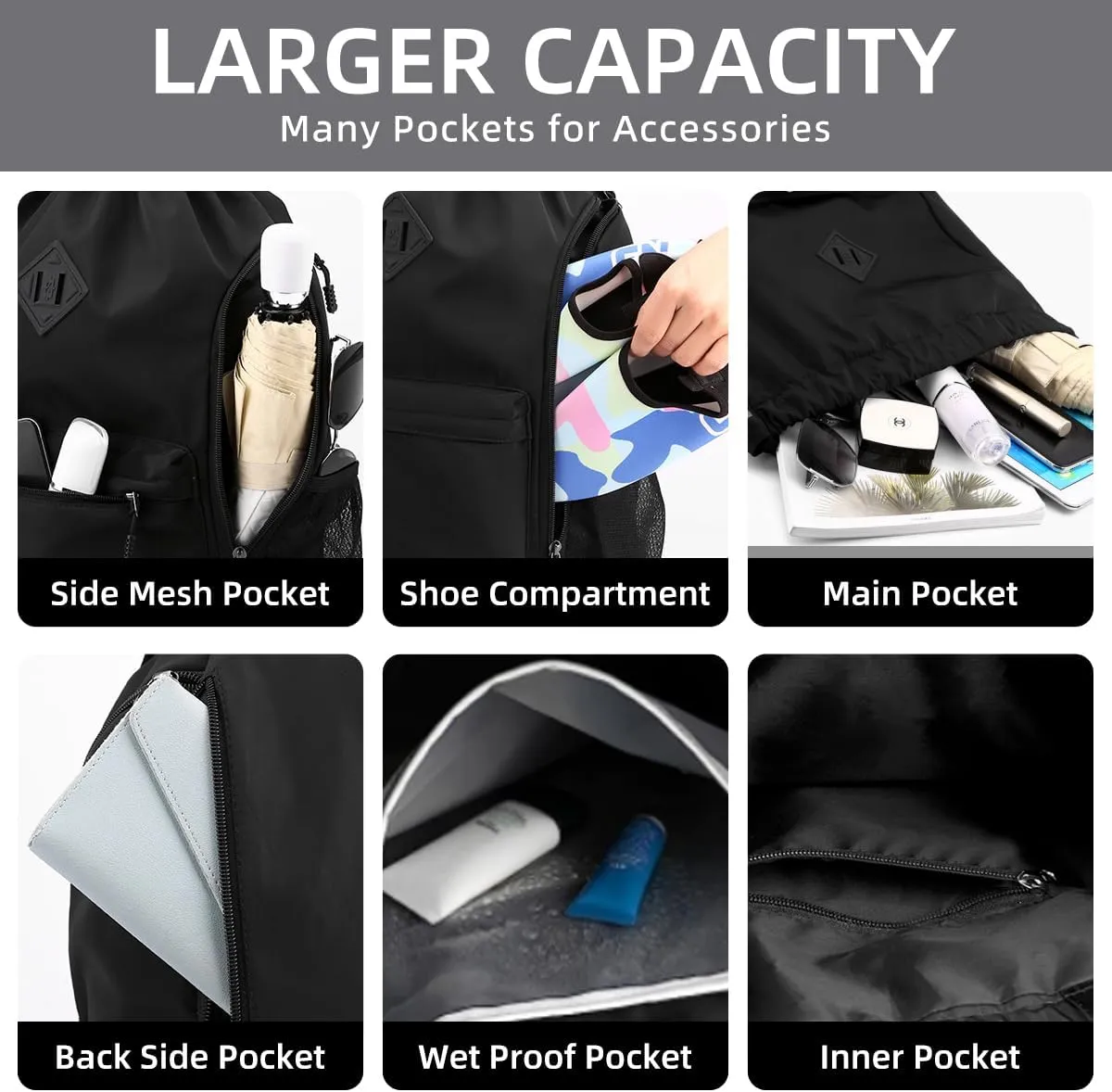 Valleycomfy Waterproof Drawstring Gym Backpack Bag for Men & Women,Sports Gym Bag with Side Pocket Black