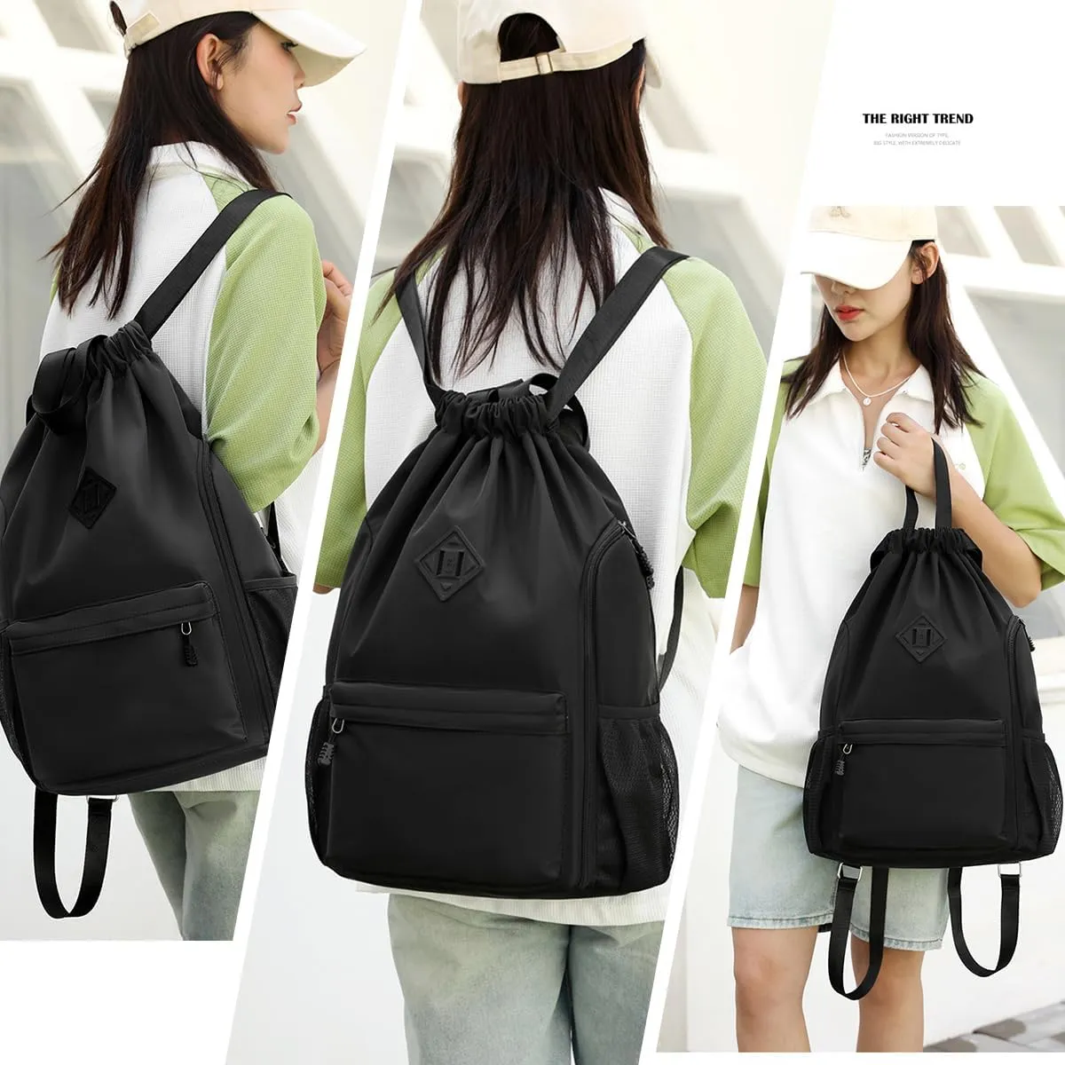 Valleycomfy Waterproof Drawstring Gym Backpack Bag for Men & Women,Sports Gym Bag with Side Pocket Black