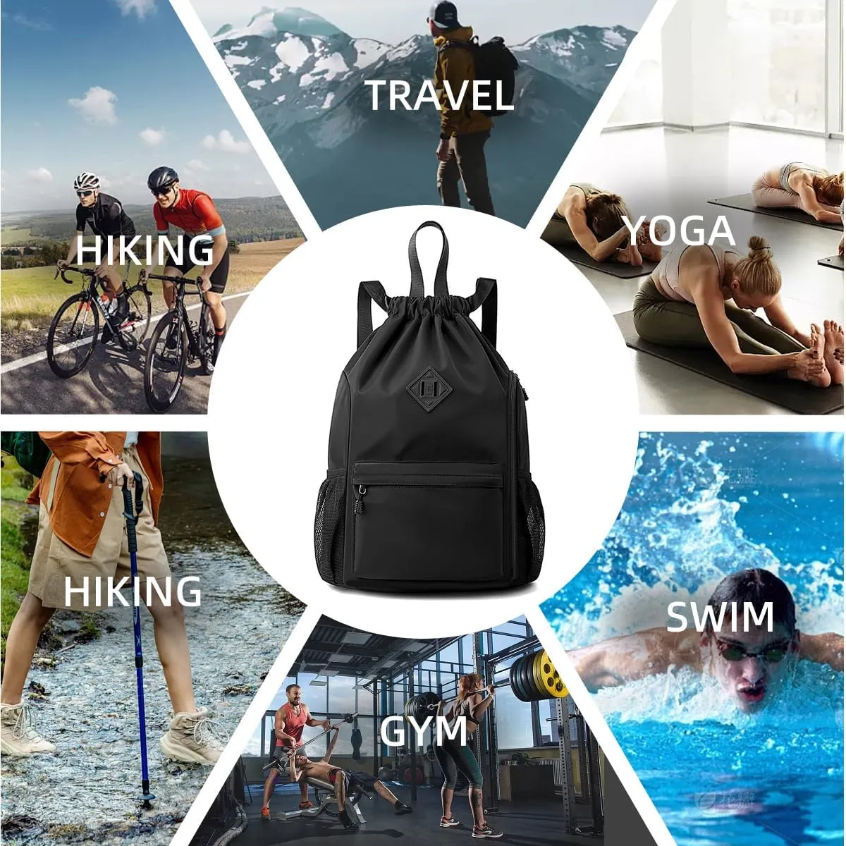 Valleycomfy Waterproof Drawstring Gym Backpack Bag for Men & Women,Sports Gym Bag with Side Pocket Black
