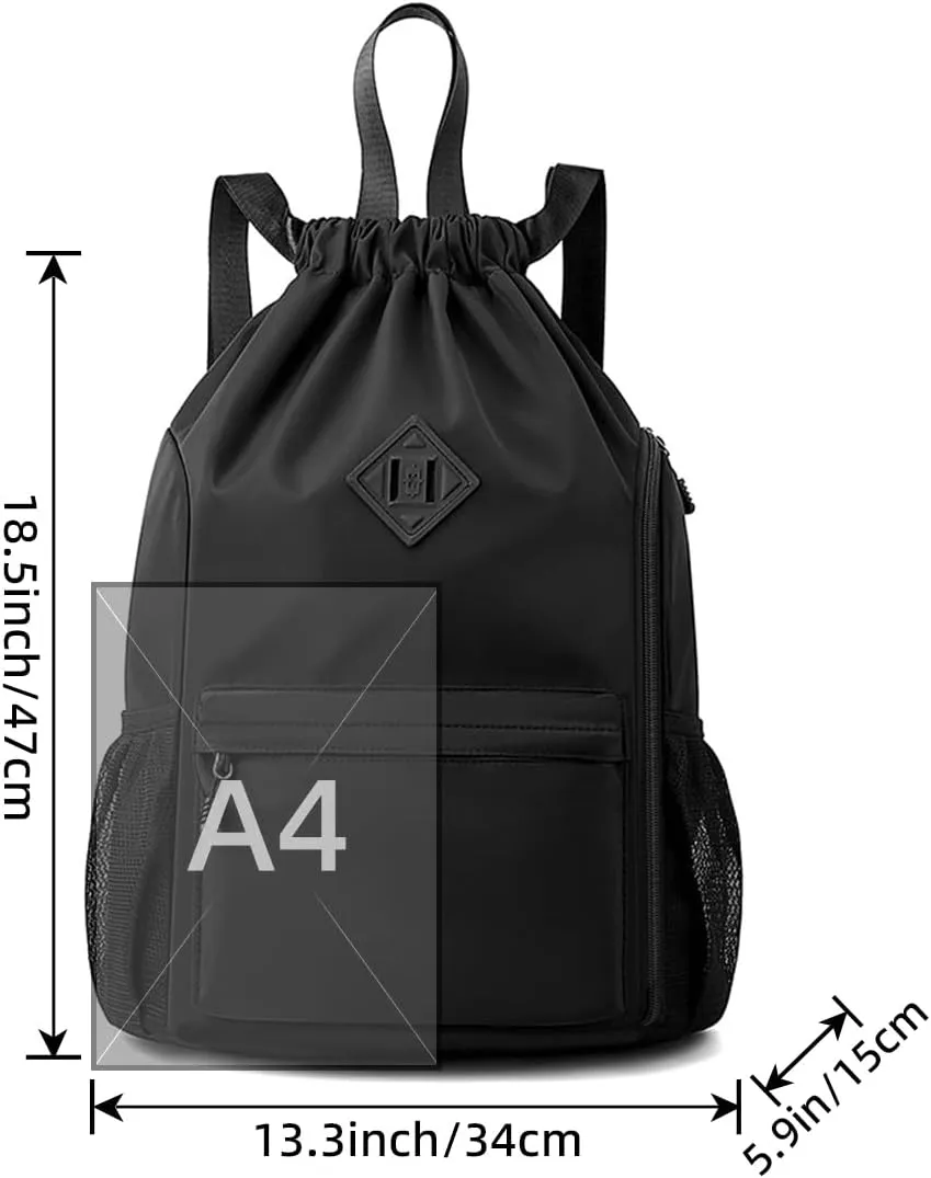 Valleycomfy Waterproof Drawstring Gym Backpack Bag for Men & Women,Sports Gym Bag with Side Pocket Black