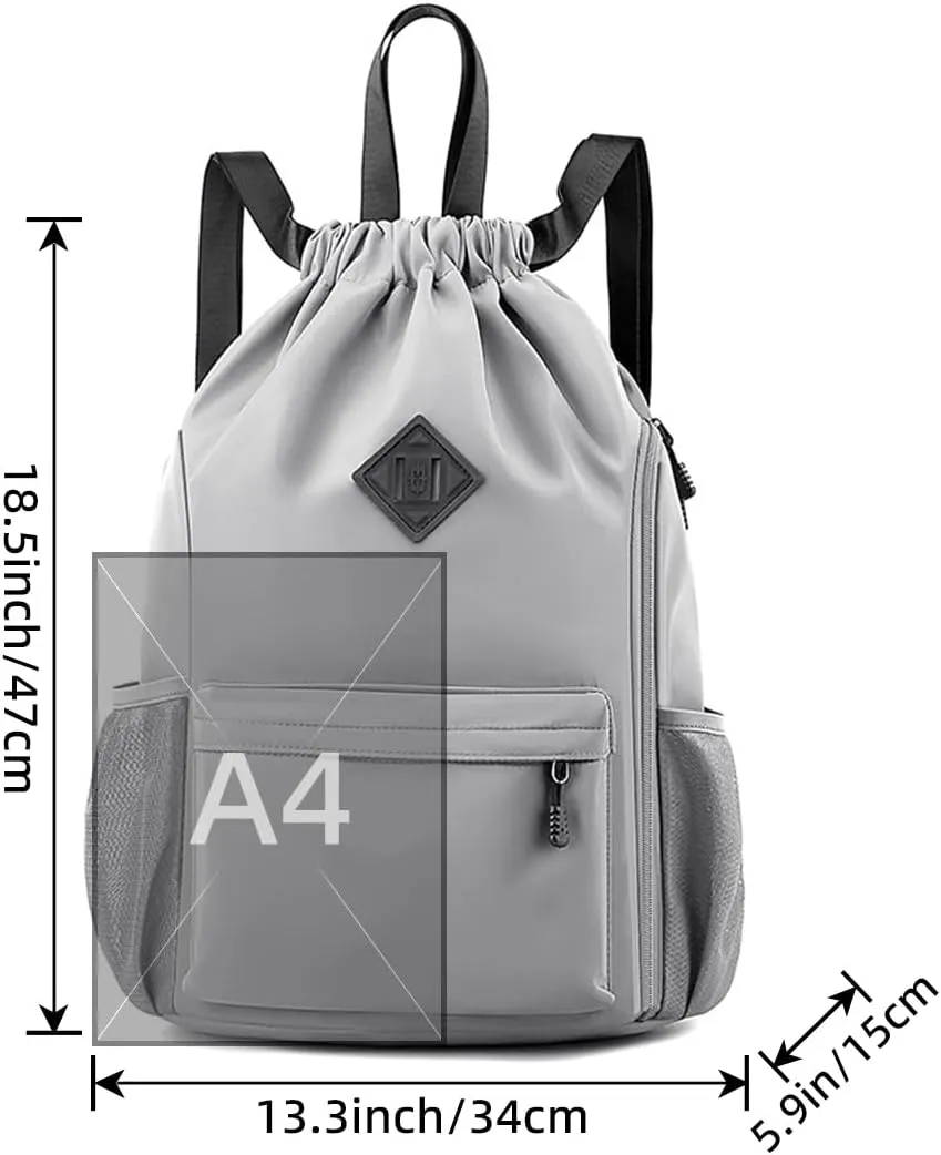 Valleycomfy Waterproof Drawstring Gym Backpack Bag for Men & Women,Sports Gym Bag with Side Pocket Grey