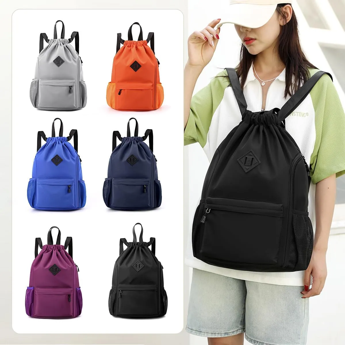 Valleycomfy Waterproof Drawstring Gym Backpack Bag for Men & Women,Sports Gym Bag with Side Pocket Grey