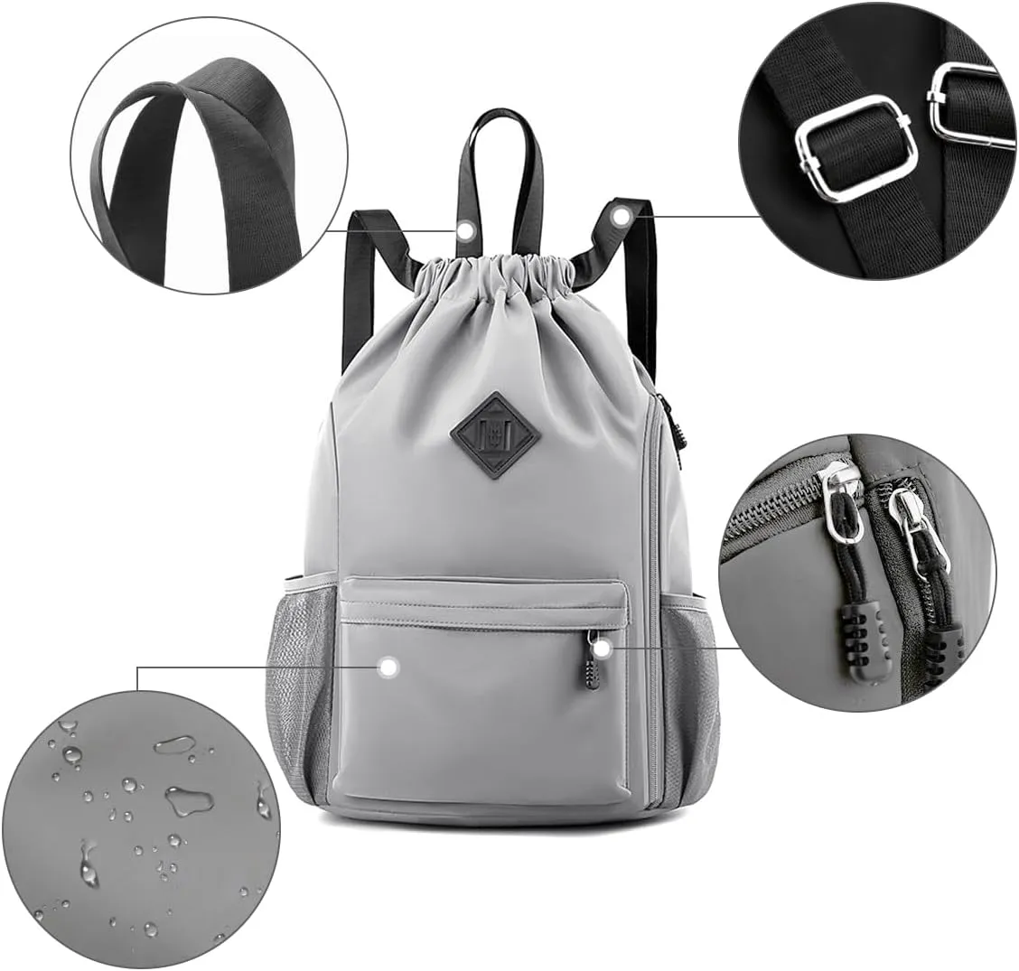 Valleycomfy Waterproof Drawstring Gym Backpack Bag for Men & Women,Sports Gym Bag with Side Pocket Grey