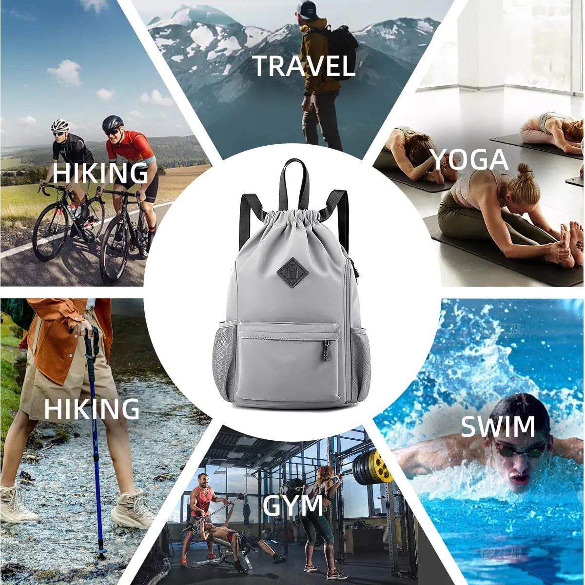 Valleycomfy Waterproof Drawstring Gym Backpack Bag for Men & Women,Sports Gym Bag with Side Pocket Grey
