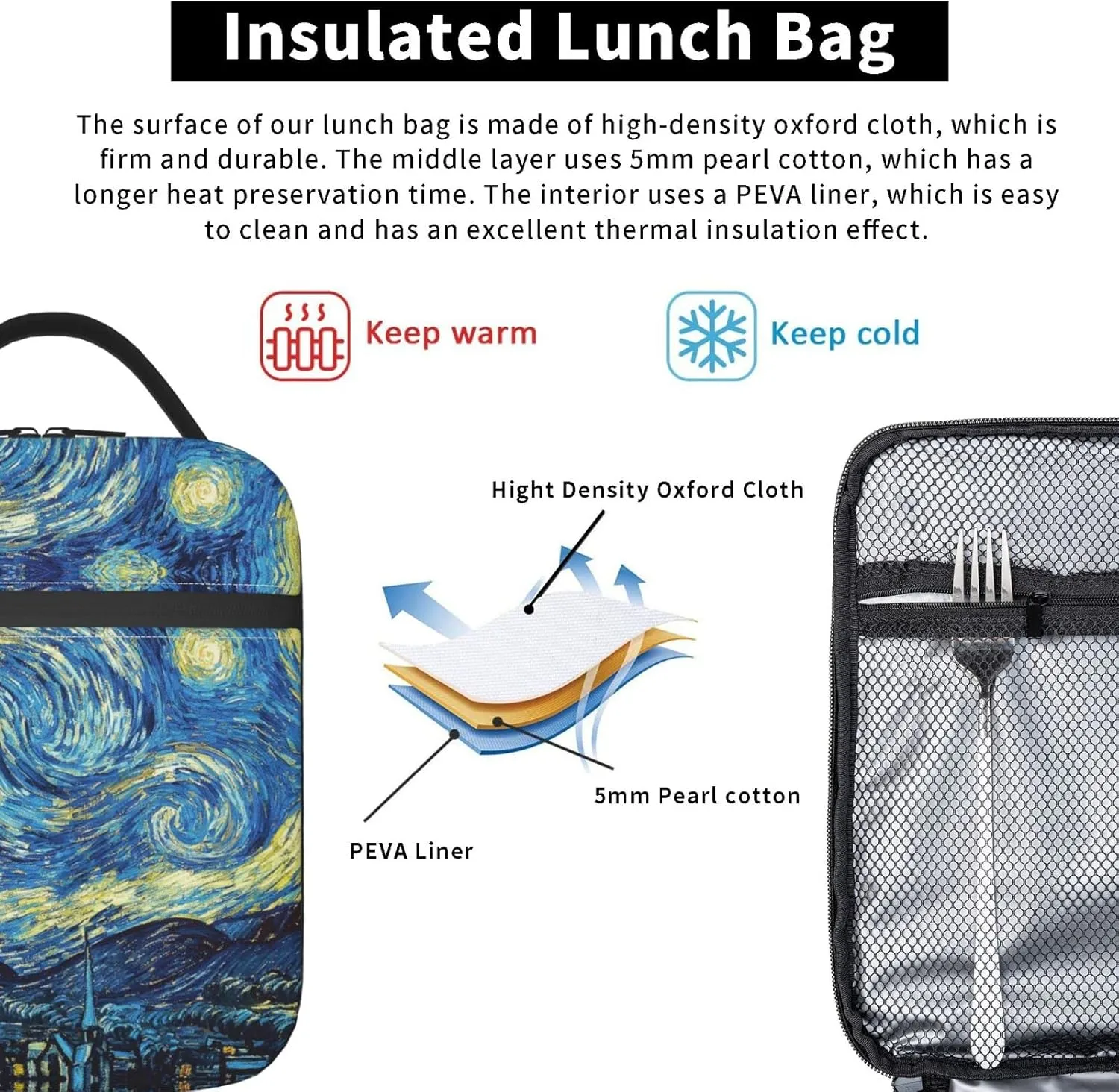 Van Gogh Starry Sky Night Oil Painting Lunch Bag Insulated Portable Reusable Lunch Box With Zipper For Women Men Picnic Beach