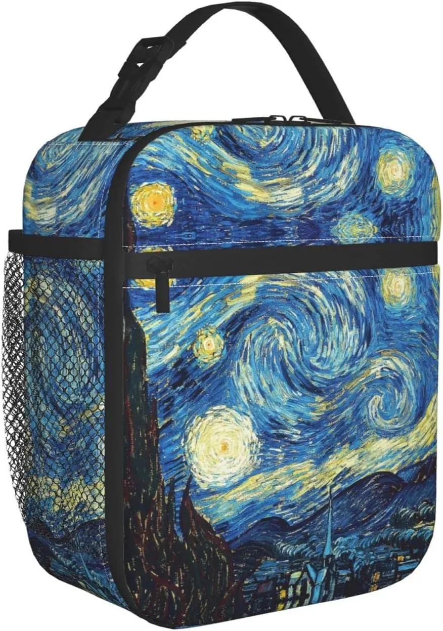 Van Gogh Starry Sky Night Oil Painting Lunch Bag Insulated Portable Reusable Lunch Box With Zipper For Women Men Picnic Beach