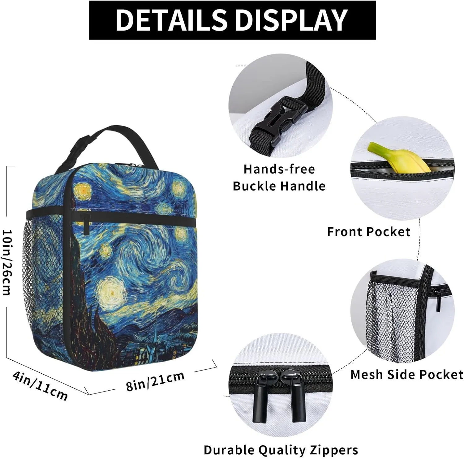 Van Gogh Starry Sky Night Oil Painting Lunch Bag Insulated Portable Reusable Lunch Box With Zipper For Women Men Picnic Beach