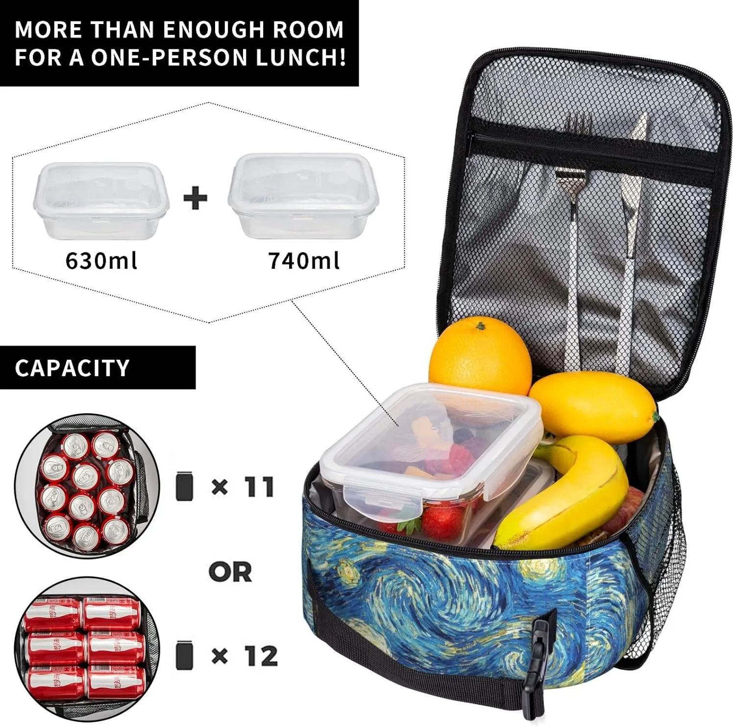Van Gogh Starry Sky Night Oil Painting Lunch Bag Insulated Portable Reusable Lunch Box With Zipper For Women Men Picnic Beach