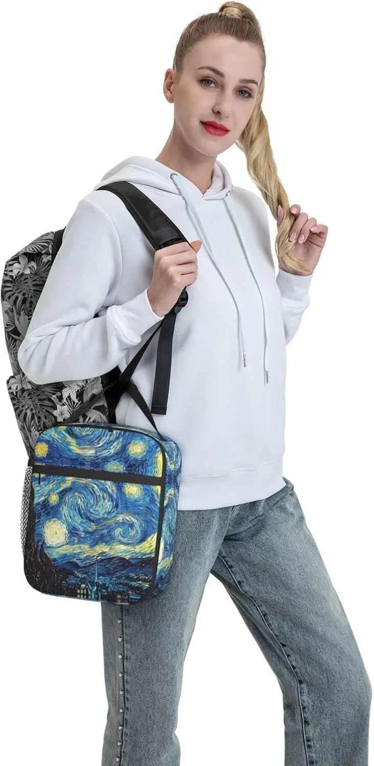 Van Gogh Starry Sky Night Oil Painting Lunch Bag Insulated Portable Reusable Lunch Box With Zipper For Women Men Picnic Beach