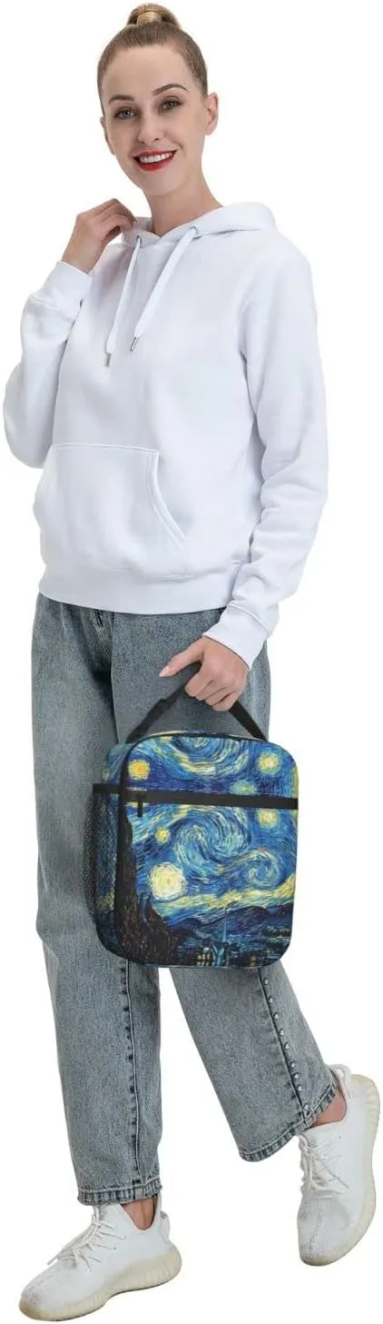 Van Gogh Starry Sky Night Oil Painting Lunch Bag Insulated Portable Reusable Lunch Box With Zipper For Women Men Picnic Beach