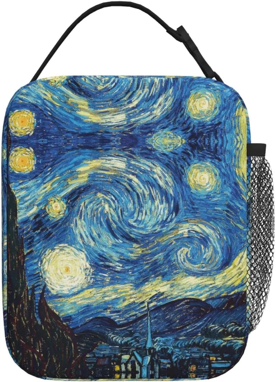 Van Gogh Starry Sky Night Oil Painting Lunch Bag Insulated Portable Reusable Lunch Box With Zipper For Women Men Picnic Beach