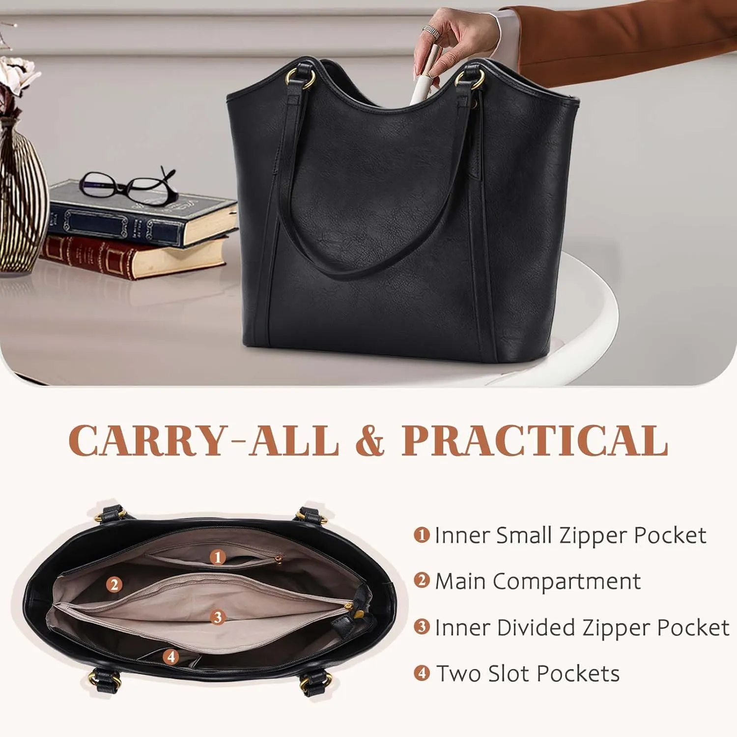 VASCHY Tote Bag Purse for Women, Fashion Large Vegan Leather Top Handle Satchel Shoulder Bag Handbag with Zipper for Work