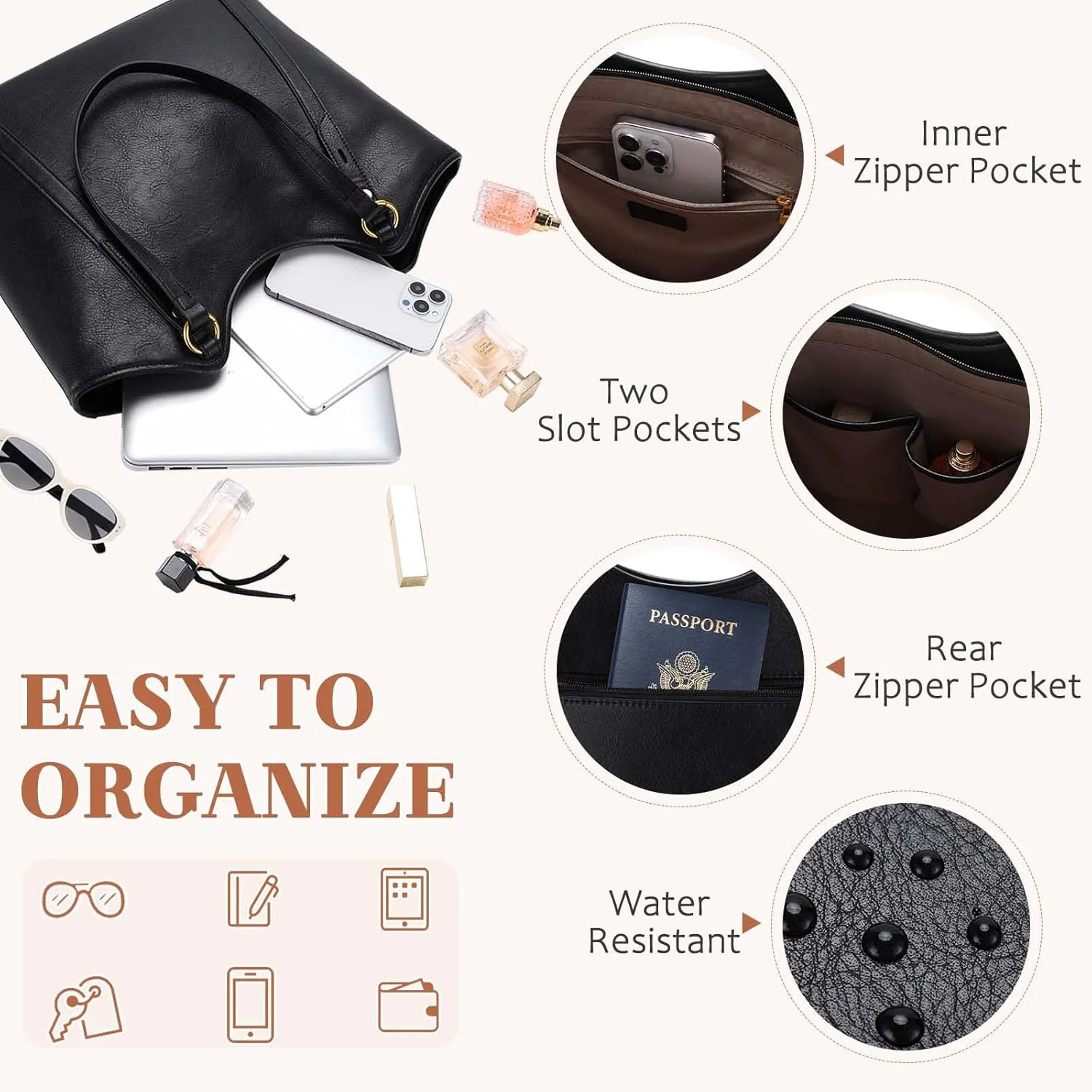 VASCHY Tote Bag Purse for Women, Fashion Large Vegan Leather Top Handle Satchel Shoulder Bag Handbag with Zipper for Work