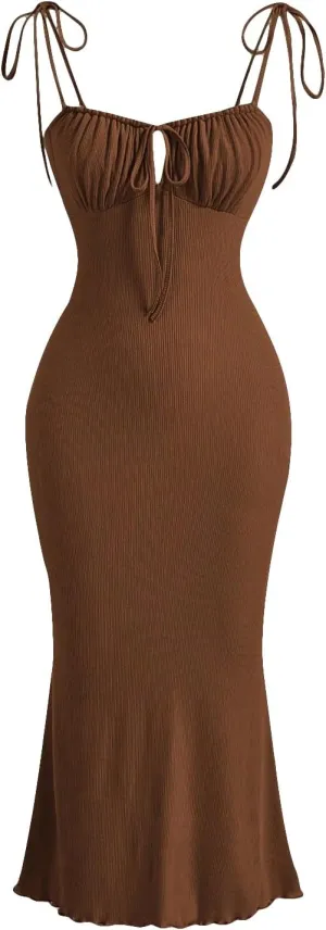 Verdusa Women's Ruched Knot Front Tie Shoulder Sleeveless Fishtail Bodycon Cami Dress