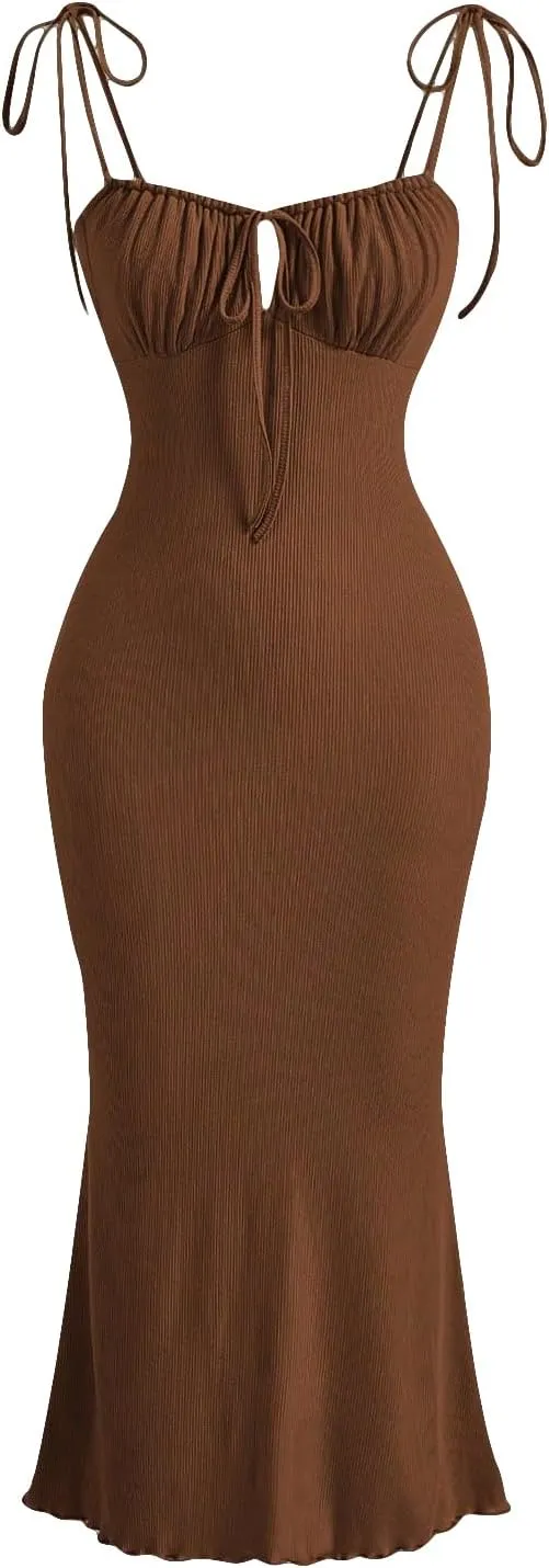 Verdusa Women's Ruched Knot Front Tie Shoulder Sleeveless Fishtail Bodycon Cami Dress
