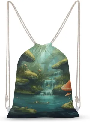 View of Fantasy River with Pond And Fishes Mushroom in Jungle Trees Drawstring Backpack for Women Men Drawstring Bag for Travel Swimming Sports Gym Bag