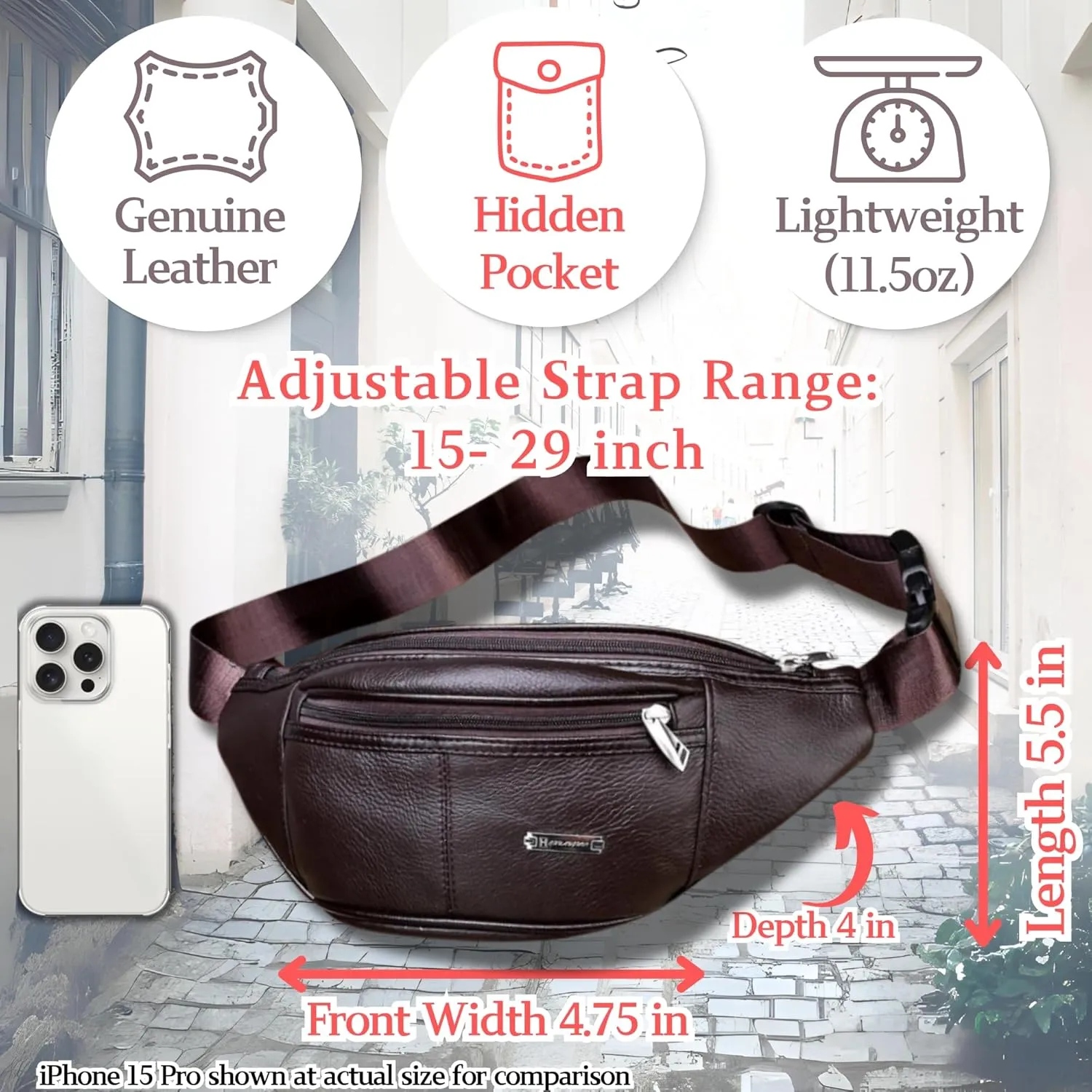 Vintage Genuine Leather Fanny Pack with Key Ring – Spacious Crossbody Sling Bag for Men and Women, Ideal for everyday carry and Travel (Mahogany Brown)