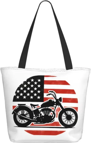 Vintage USA American Flag Motocross Dirt Bike Motorcycle Tote Bag Shopping Handbag Large Capacity Shoulder Bag