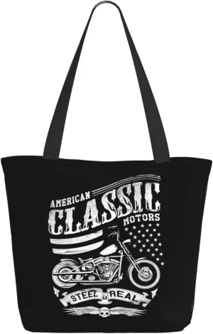 Vintage USA American Flag Motocross Dirt Bike Motorcycle Tote Bag Shopping Handbag Large Capacity Shoulder Bag