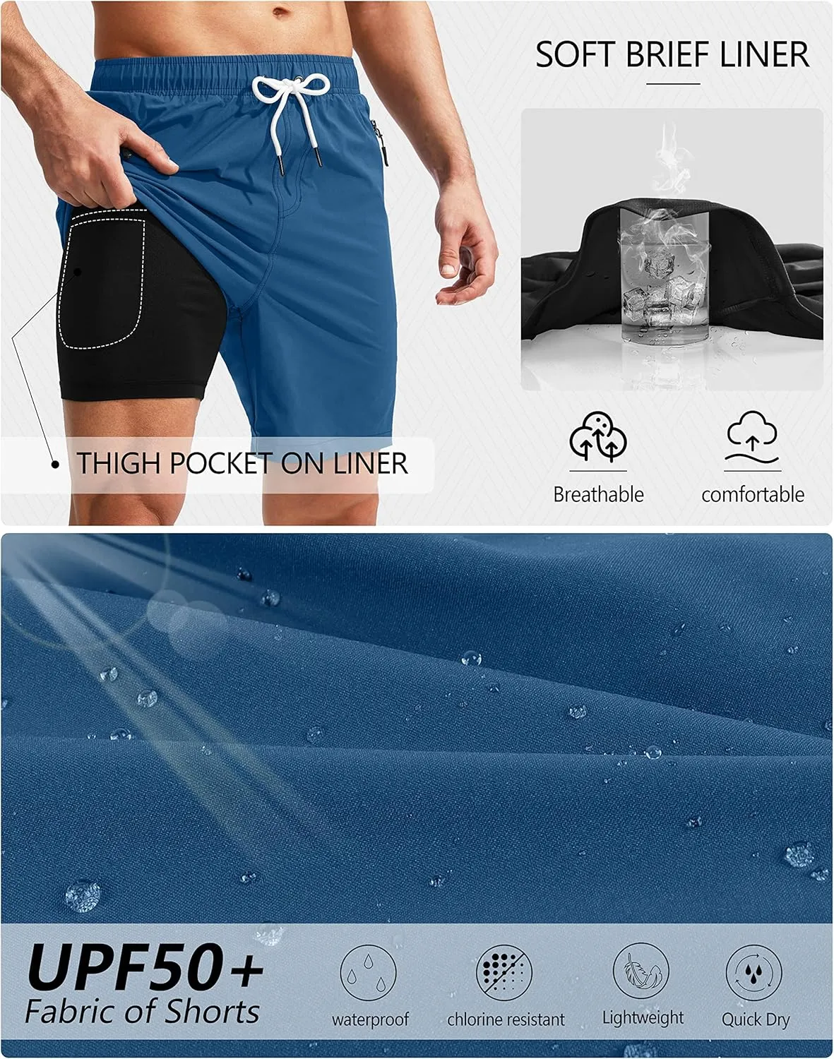 Viodia Men's Swim Trunks with Compression Liner Quick Dry Board Shorts Swimsuit Swimwear for Men with Zipper Pockets