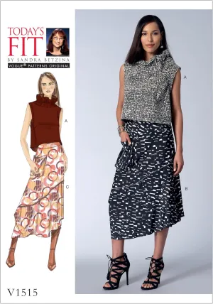 Vogue Patterns Casual Misses' Ruffle-Neck Top And Asymmetrical Skirts, One Size Only, Green