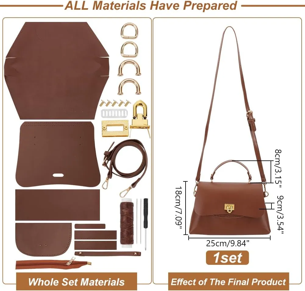 WADORN PU Leather Handmade Crossbody Handbag DIY Kit, PU Leather Shoulder Bag Sewing Kits PU Leather Handmade Satchel Handbag Making Material Kit for Handmade Craft Bag Making Accessories, Brown