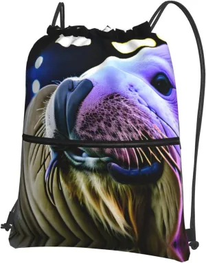 Walrus Drawstring Backpack - Full Print Gym Sackpack for Sports, Yoga, Dance, Travel, and Hiking